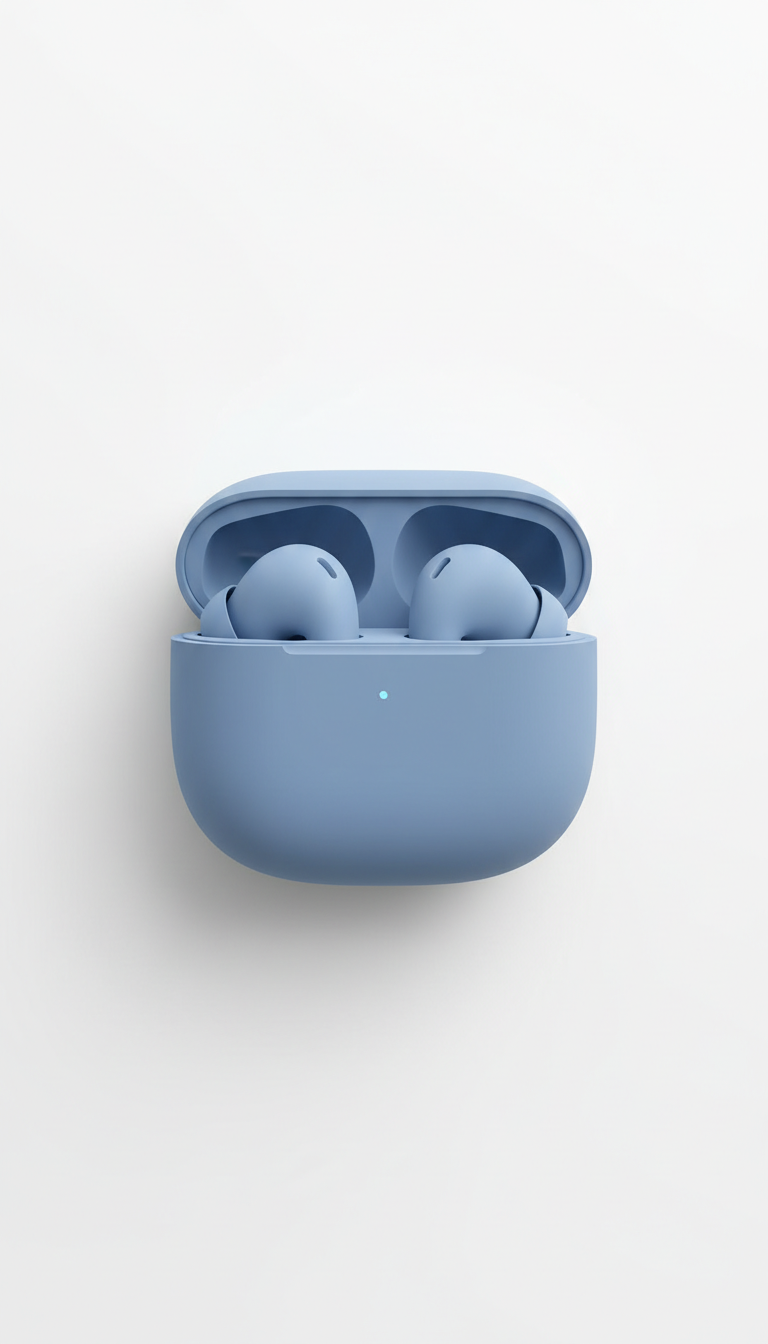 Soft blue silicone earbuds with charging case